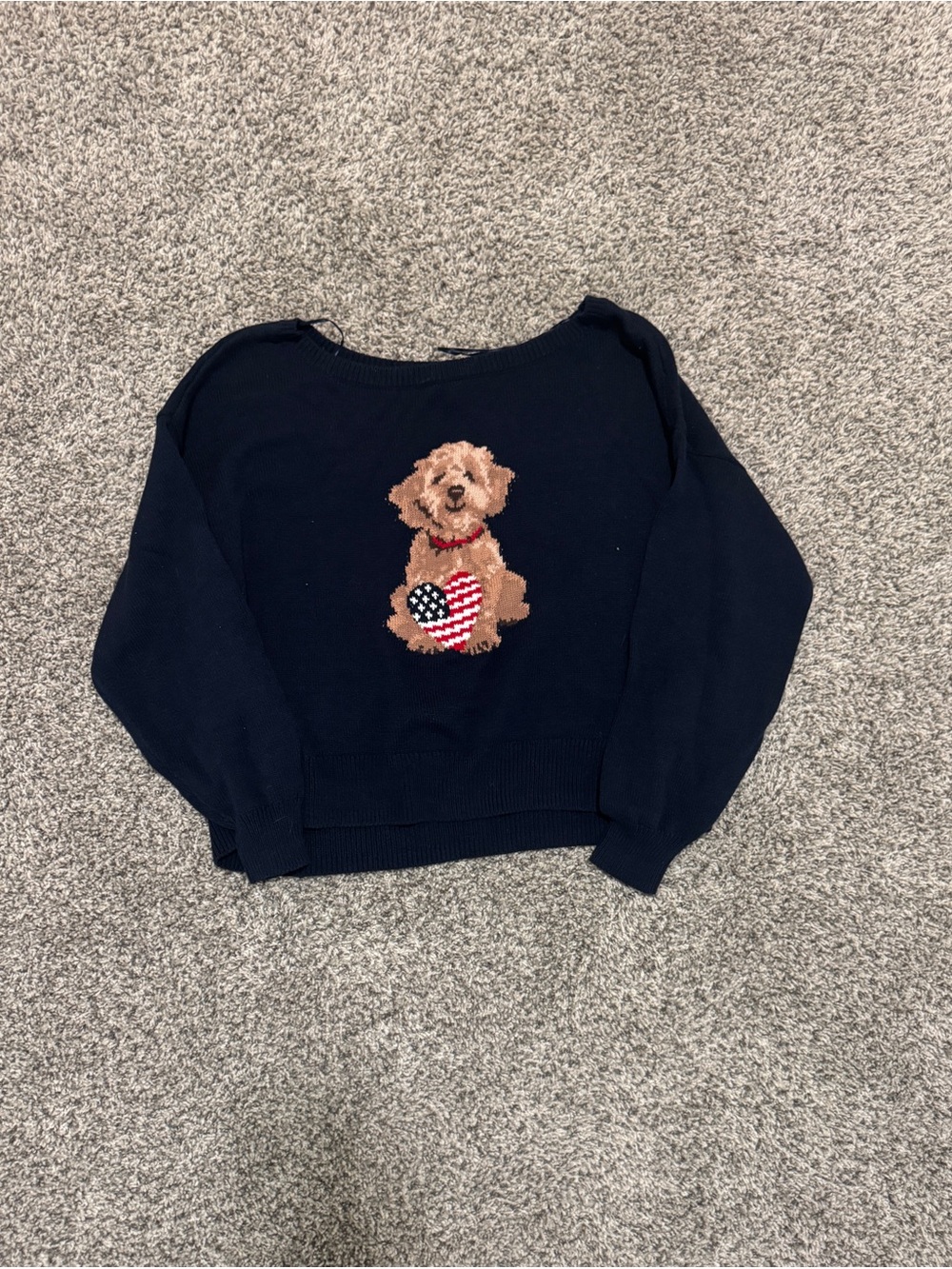 Hollister Navy Off-the-Shoulder Sweater with Dog & American Flag Heart